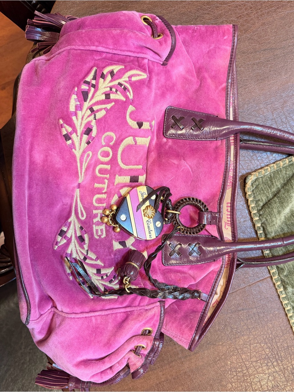 Juicy Couture Fuchsia Suede Tote with Leather Trim and Crest Charm